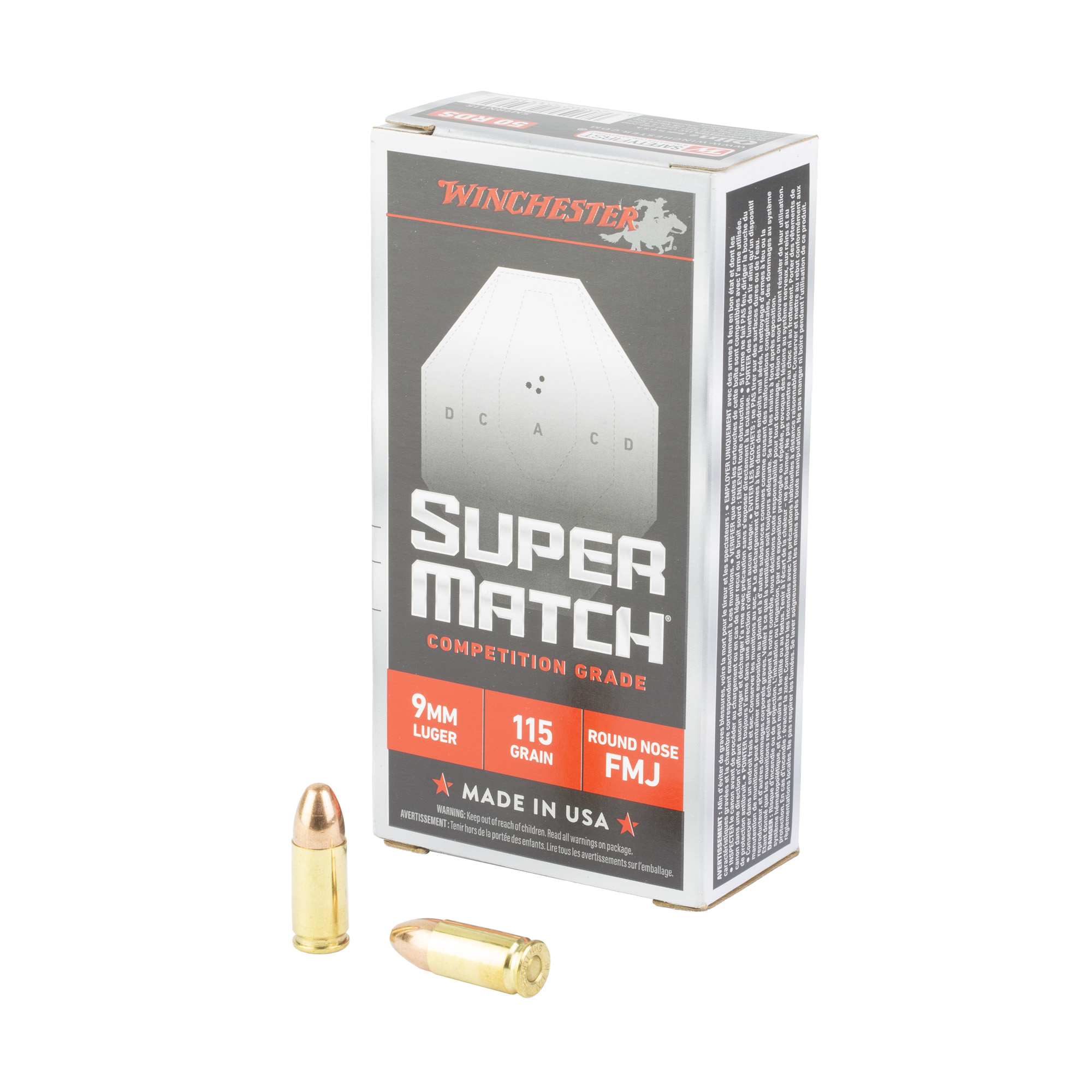 Winchester Super Match 9mm 115 Grain Round Nose 50-Round Box