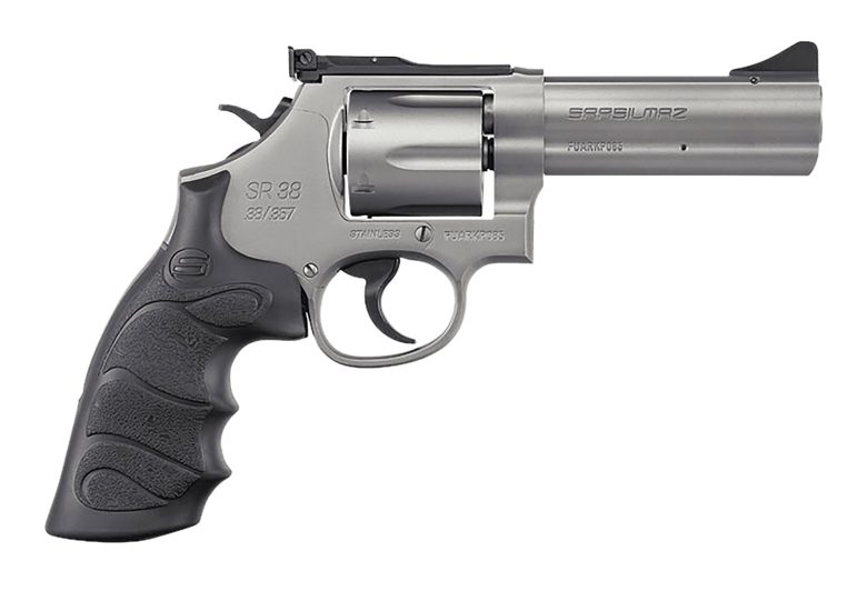 SAR USA SARSR38ST4 SAR SR 357 Mag/38 Special 6 Shot 4" Stainless Steel Barrel & Cylinder, Stainless Steel Frame, Black Finger Grooved Grip, Drop Safety/Hammer Block Safety, Exposed Hammer