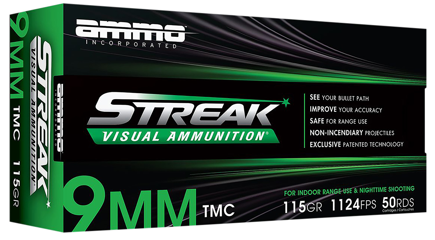 Ammo Inc 9115TMCSTRKGRN50 Streak Visual (GREEN) 9mm Luger 115gr Total Metal Case 50 Per Box/20 Case