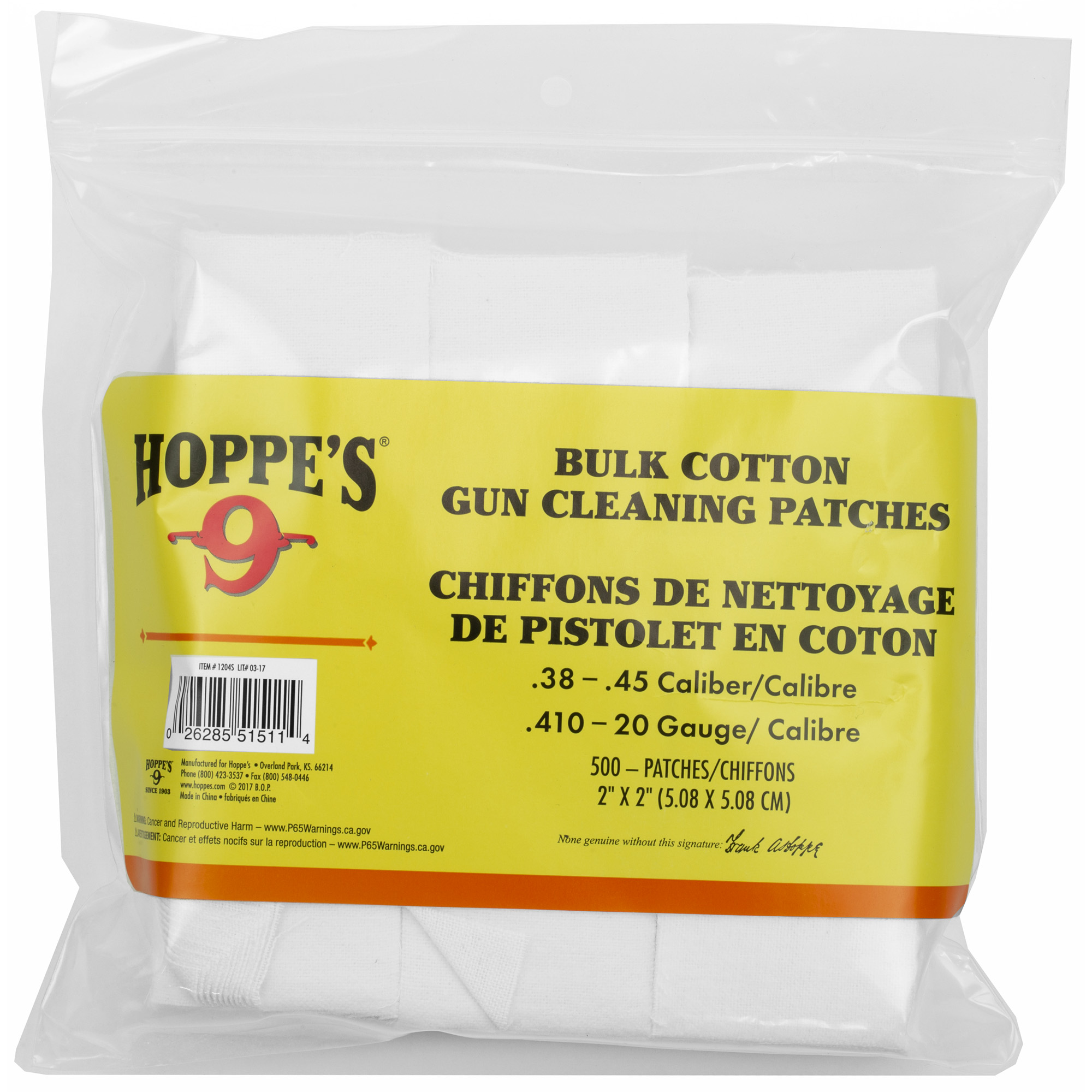 Hoppe's 2-Inch Cotton Cleaning Patches .38-.45 Caliber (500-Pack)