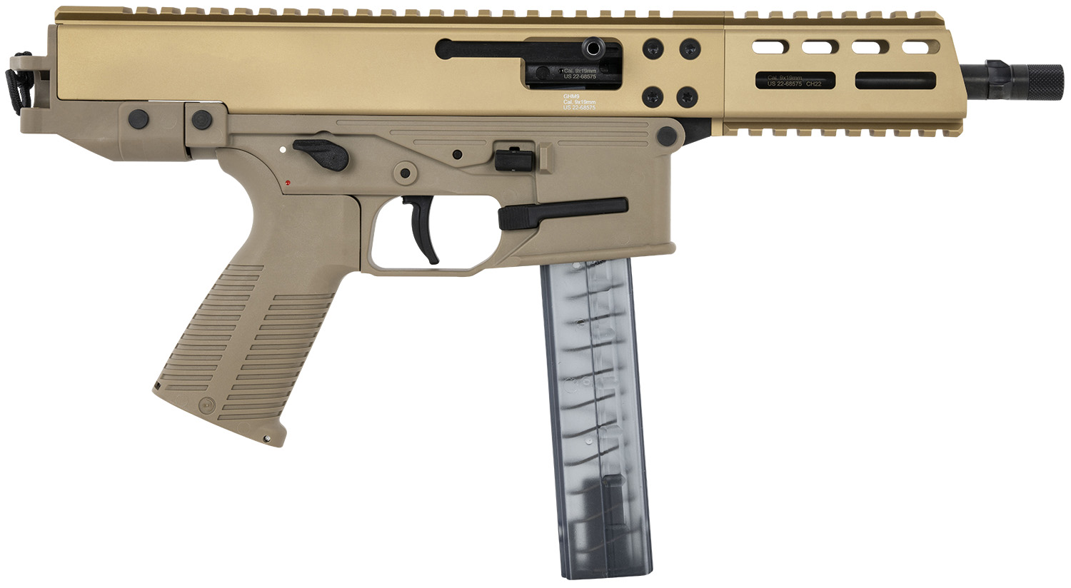 B&T Firearms 4500022 CTB&T GHM 9mm Luger 30+1 6.90" Coyote Tan, Collapsible Stock, Polymer Grip, Ambi Controls (OEM Mag)
