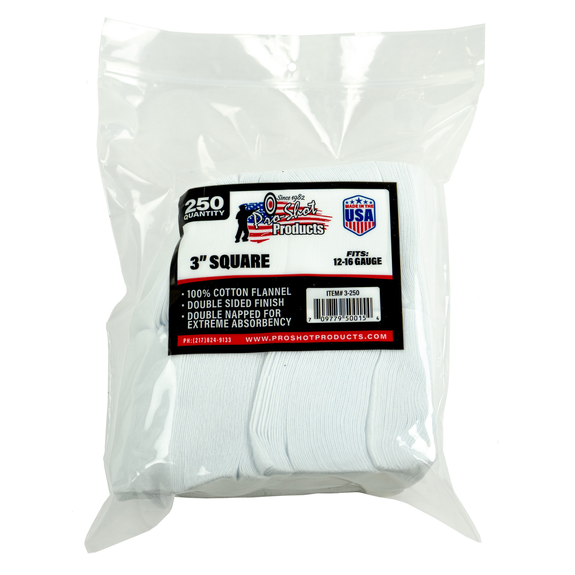 Pro-Shot 3-250 3" Square Cotton Flannel Cleaning Patches, 250-Pack