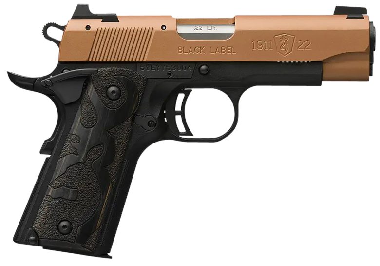 Browning 051896490 1911-22 Black Label Compact Frame 22 LR 10+1, 3.63" Matte Stainless Steel Barrel, Copper Cerakote Serrated Slide, Matte Black Polymer Frame w/Beavertail, Black Laminate Wood Grip