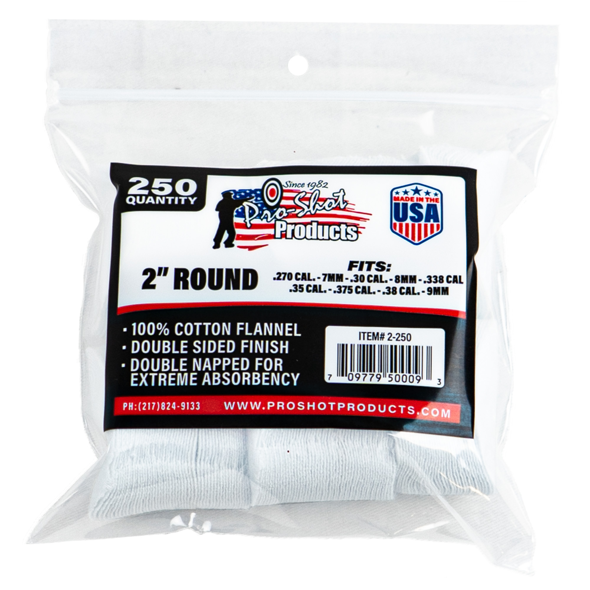 Pro-Shot Products Patch 2250 Cleaning Patches - 2" Round Cotton Flannel, .270-.38 Cal, 250-Pack