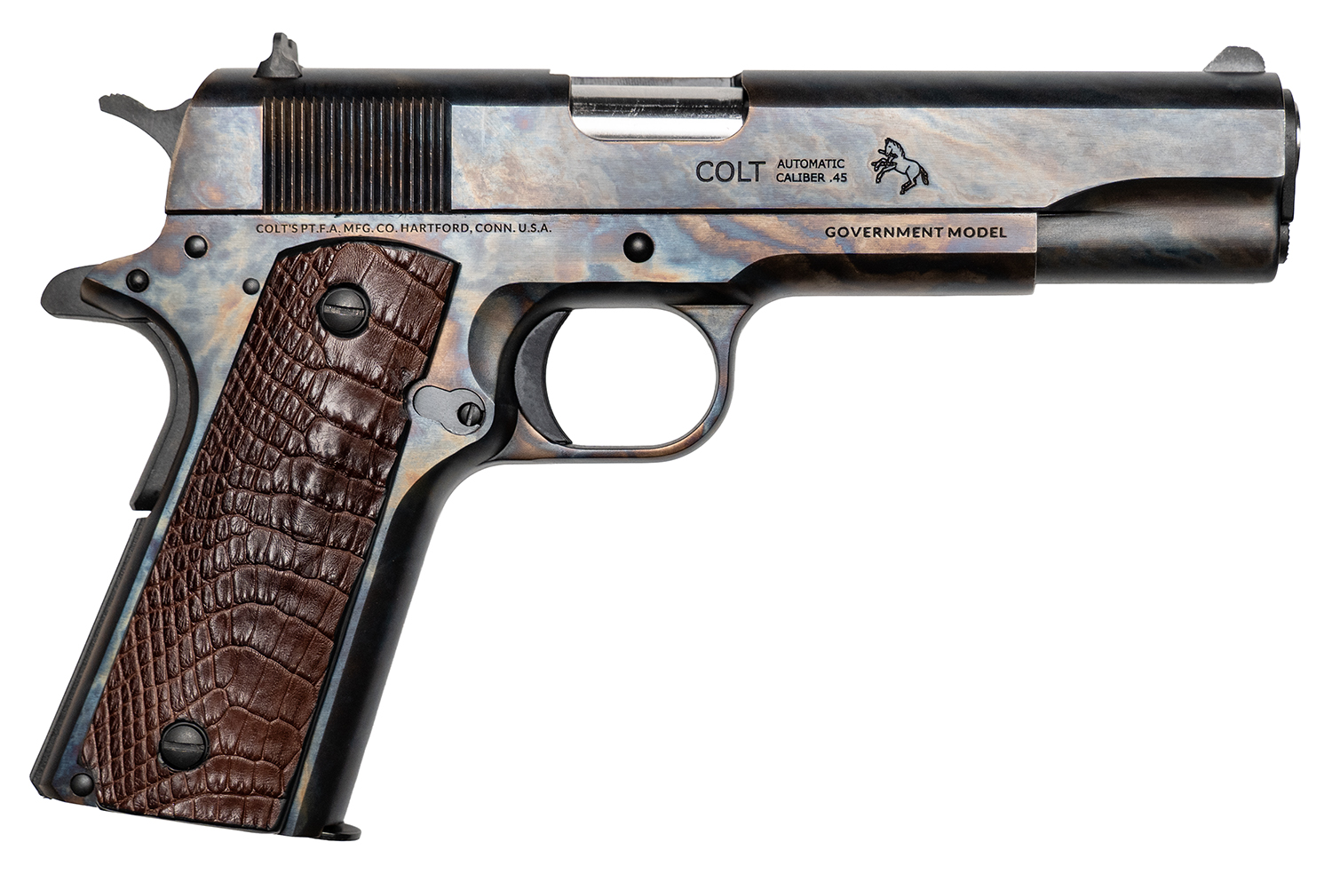 CNC Colt Lineage 45 ACP 5" Case Hardened 1911 Chocolate Alligator Grip