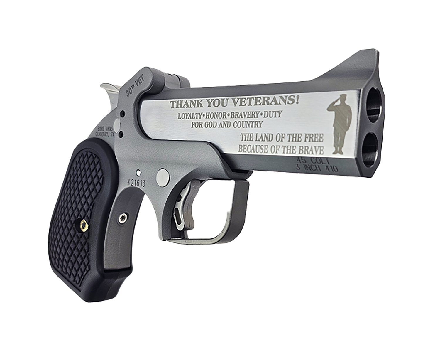 Bond Arms 30th Vet 45 Colt 410 4.25" Engraved Matte Stainless Derringer
