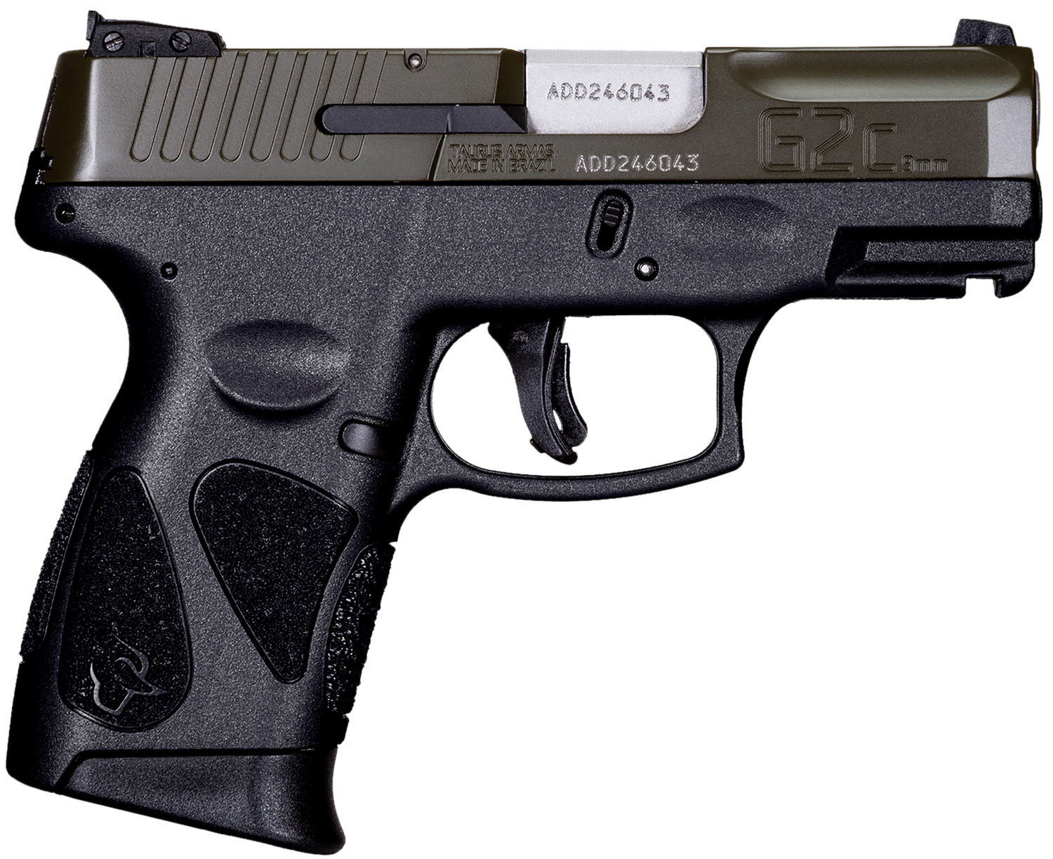Taurus 1G2C93B12 G2C Compact Frame 9mm Luger 12+1 3.26" Matte Stainless Steel Barrel, Moss Green Cerakote Serrated Steel Slide, Black Polymer Frame w/Picatinny Rail & Polymer Grip, Right Hand
