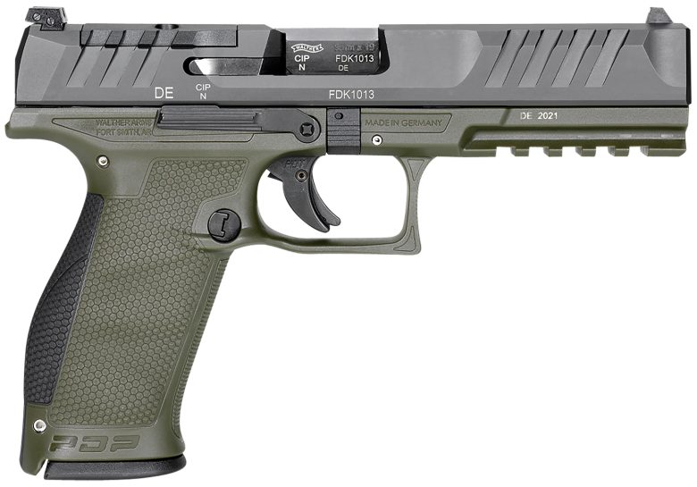 Walther Arms 2858363 PDP 9mm Luger 18+1 4.50" Black Polygonal Rifled Barrel, Black Optic Ready/Serrated Slide, Green Polymer Frame w/Picatinny Rail, Black Performance Duty Texture Grips, Ambidextrous