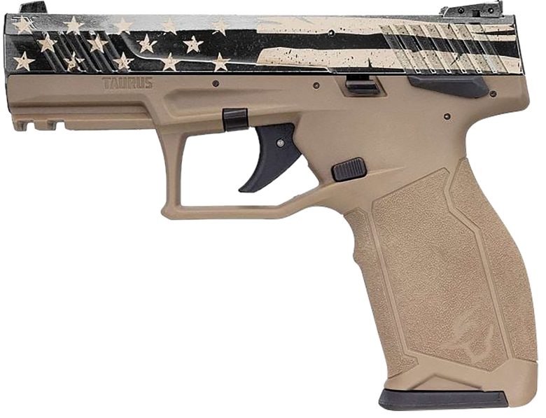 Taurus 1TX2214110USD TX22 Full Size Frame 22 LR 10+1 4.10" Black Steel Threaded Barrel, Black Distressed US Flag Cerakote Serrated Slide, FDE w/Black Controls Polymer Frame w/Picatinny Rail
