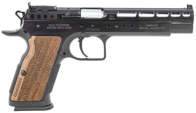 Tanfoglio IFG TFGOLDM9 Gold Match 9mm Luger Caliber with 6" Barrel, 16+1 Capacity, Overall Matte Black Finish Steel Beavertail Frame, Ported Slide & Wood Grip