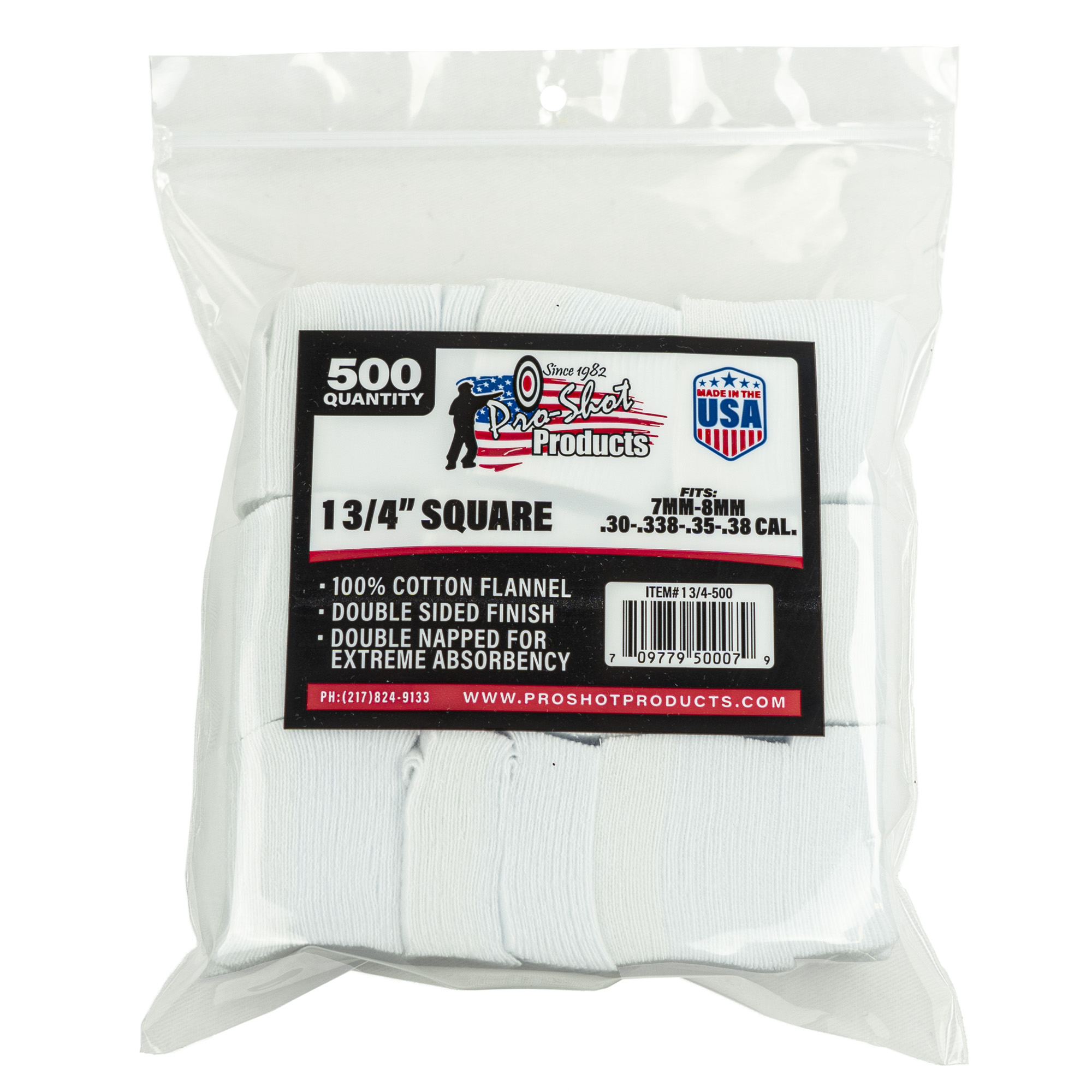 Pro-Shot Cotton Cleaning Patches 1.75" Square 7mm/.38 Caliber 500-Pack