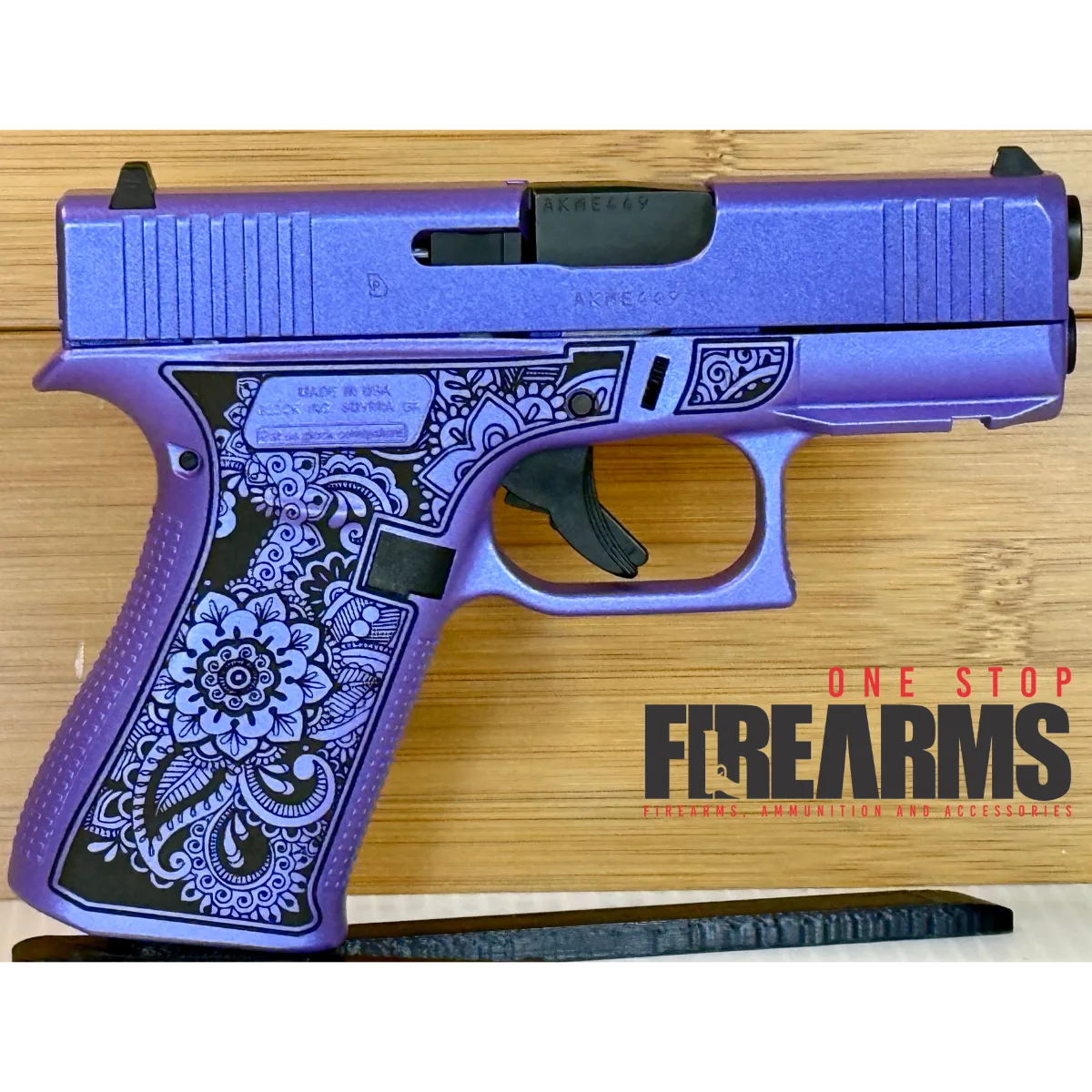 Glock 43X Mandala Engraved 9mm Purple Pearl Handgun 10-Round