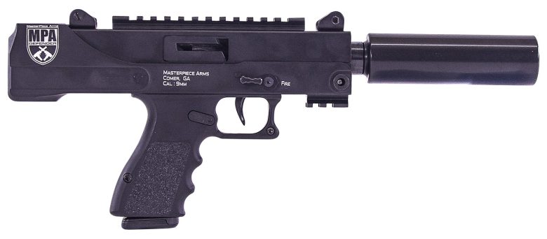 MasterPiece Arms 30DMGBLK Defender Top Cocking TB 9mm Luger Caliber with 4.50" Barrel, 17+1 Capacity, Overall Black Cerakote Finish, Black Aluminum Grip Right Hand Includes Polymer Case