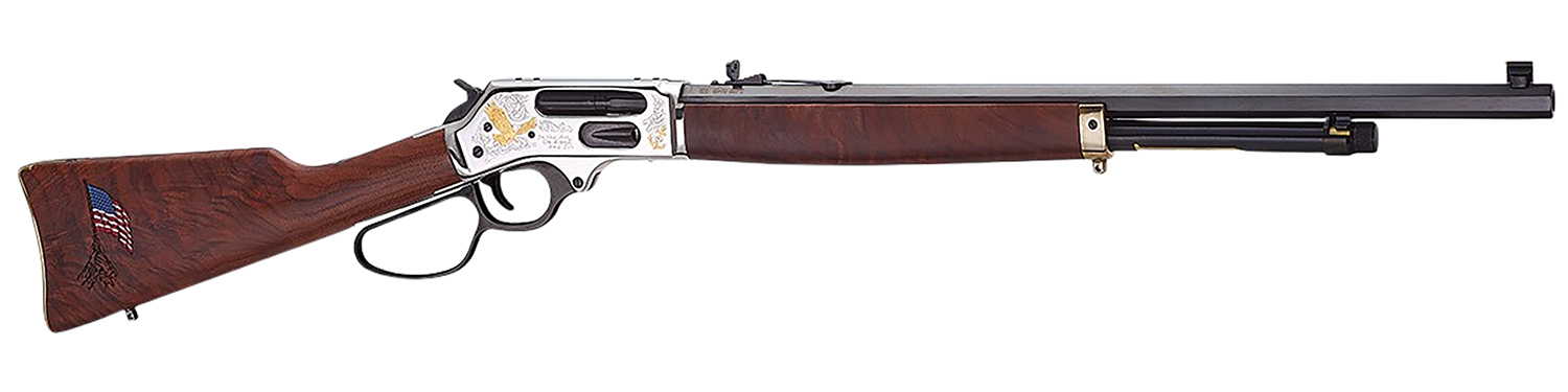 Henry H010BGMC Spirit Of The Corps  45-70 Gov 4+1 22" Black Octagon Barrel, Nickel Engraved w/24K Gold Inlay Brass Drilled & Tapped Receiver, American Walnut Straight Stock