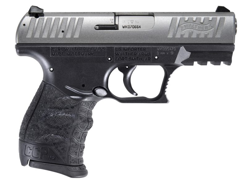 Walther Arms 5083501 CCP M2 + 9mm Luger 8+1 3.54" Barrel, Black Finish Picatinny Rail Frame, Serrated Sliver Stainless Steel Slide, Finger Grooved Polymer Grip