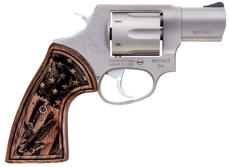 Taurus 285629US1 856  Small Frame 38 Special +P 6rd 2" Matte Stainless Steel Barrel, Cylinder & Frame, Engraved USA Flag Walnut Grip, Transfer Bar Safety