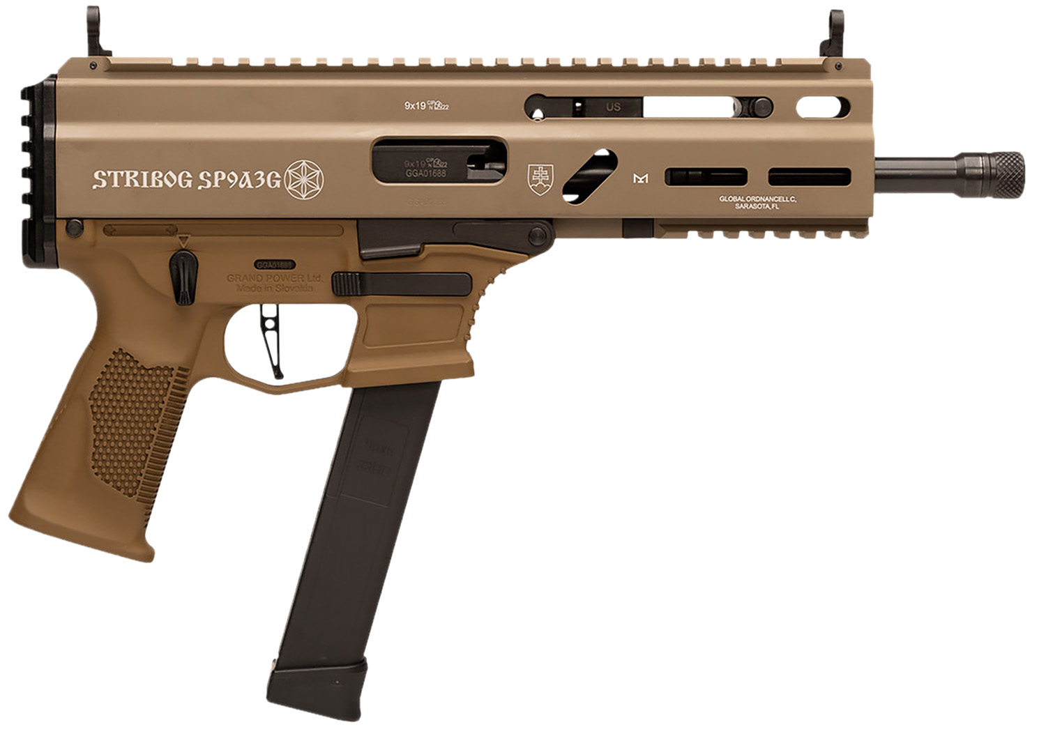 Grand Power 810091156155 SP9A3G Stribog 9mm Luger 30+1 8" Black Threaded Barrel, M-LOK Handguard, Flat Dark Earth Aluminum Picatinny Rail Receiver, FDE Polymer Grip, Thread Protector