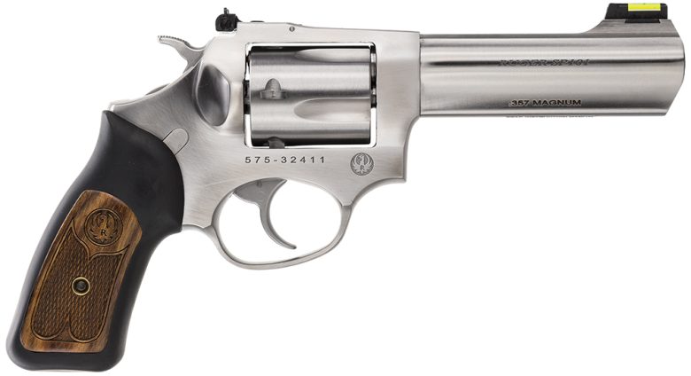 Ruger 5771 SP101  357 Mag 5rd 4.20" Satin Stainless Steel Barrel, Cylinder & Frame, Black Rubber w/Wood Insert Grip, Transfer Bar Safety, Exposed Hammer