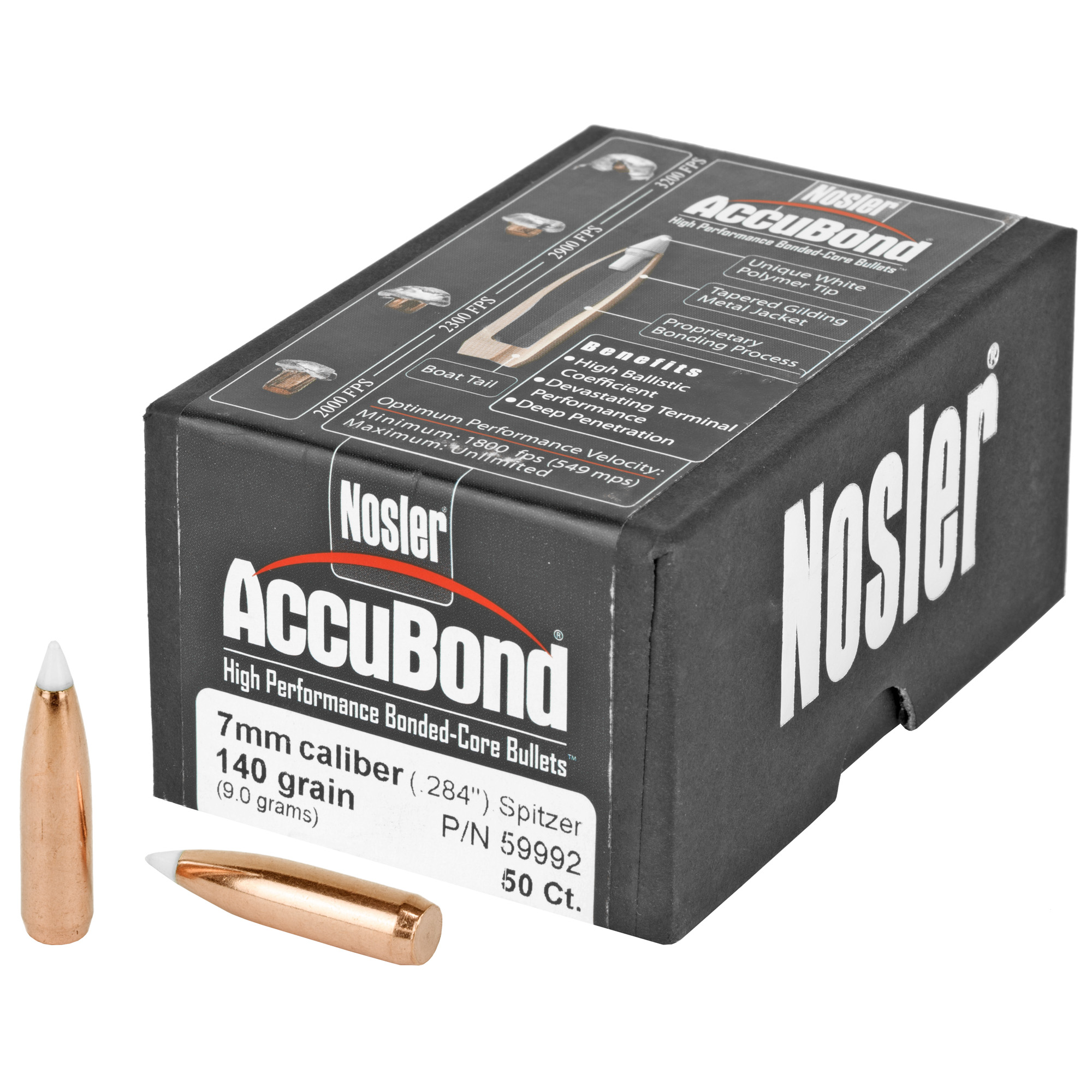 Nosler AccuBond 7mm .284" 140 Grain Spitzer Boat Tail Bullets - 50 Count