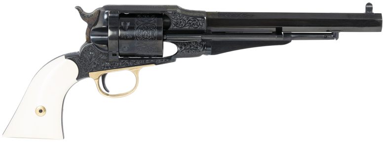 Taylors & Company 550761 Remington Conversion LawDawg 45 Colt (LC) Caliber with 8" Barrel, 6rd Capacity Cylinder, Overall Blued Engraved Finish Steel & 2-Piece Ivory Grip