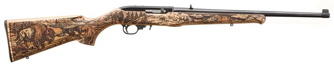 RUGER 10/22 22LR 18.5IN BLUED BARREL 10RD NATURAL LAMINATE ALTAMONT STOCK BLACK GLUE BISON ENGRAVING TALO 31234