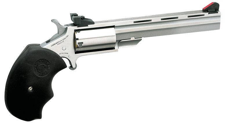 North American Arms MMTM Mini-Master *CA Compliant 22 WMR 5 Shot 4" Vent Rib Barrel, Overall Stainless Steel Finish, Finger Grooved Black Rubber Grip, Adjustable Sights