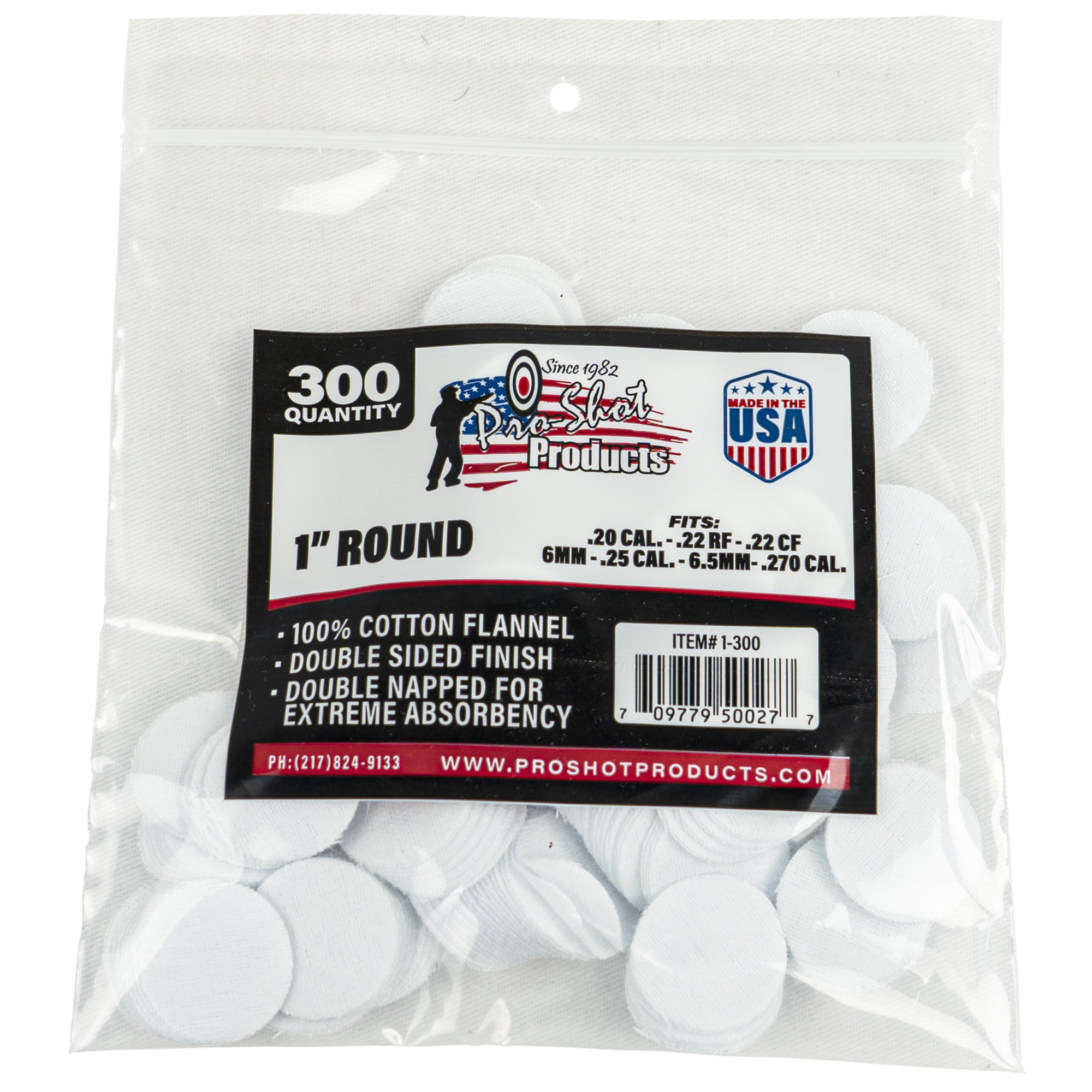Pro-Shot 1-300 Cotton Cleaning Patches .22-.270 Cal 1" Round 300/Bag