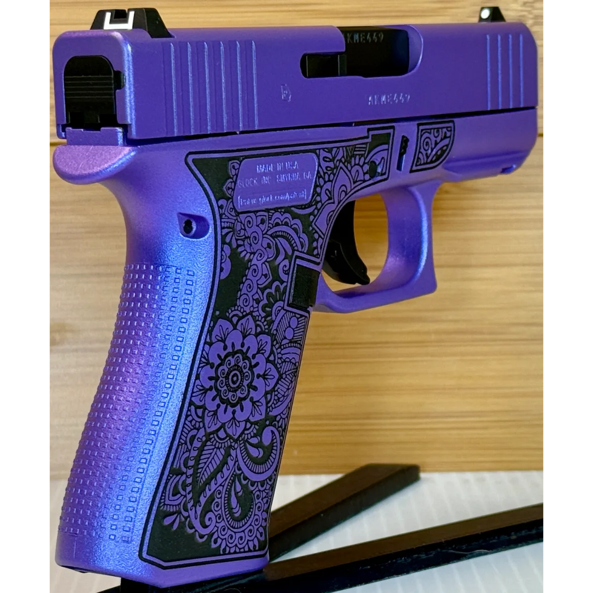 Glock 43X Mandala Engraved 9mm Purple Pearl Handgun 10-Round